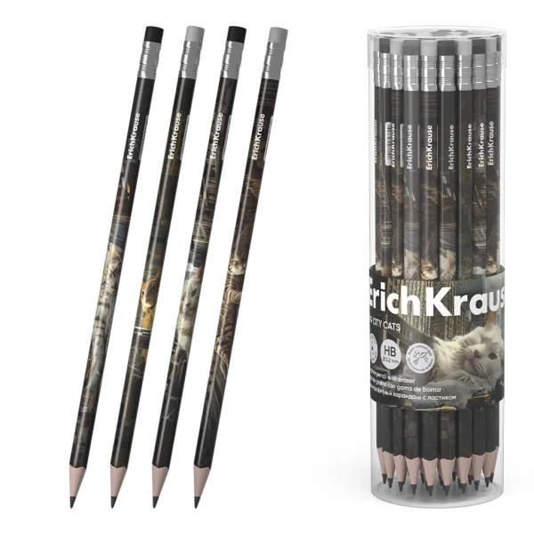 ErichKrause Big City Cats Lapiz de Grafito con Goma de Borrar - Mina HB - Cuerpo Triangular - Agarre Ergonomico - Colores Surtidos · Pack de 42 uds.