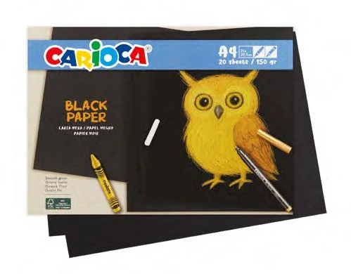 Carioca Black Pack con 20 Hojas A4 de Color Negro - Papel de 150gr - Recomendado para Tizas, Ceras, Rotuladores Brillantes etc...