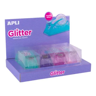 Apli Expositor Portarrollos Cinta Adhesiva Glitter Collection - 19x33mm - 4 Portarrollos Metacrilato Purpurina - Cuchilla Dentada - Dispensador Estable y Pesado - Ideal para Hogar, Oficina y