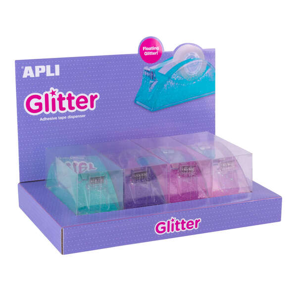 Apli Expositor Portarrollos Cinta Adhesiva Glitter Collection - 19x33mm - 4 Portarrollos Metacrilato Purpurina - Cuchilla Dentada - Dispensador Estable y Pesado - Ideal para Hogar, Oficina y Escuela
