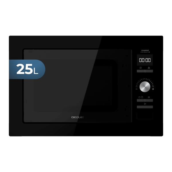 Cecotec GrandHeat 2590 Built-in Microondas Encastrable - 900W - Capacidad 25L - Grill 1000W - 8 Funciones Preconfiguradas - Temporizador - Revestimiento Acero Inoxidable - Color Negro