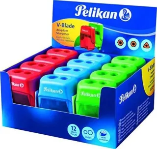 Pelikan V-Blade Sacapuntas Doble Orificio + Deposito - Colores Azul, Rojo y Verde · Pack de 12 uds.