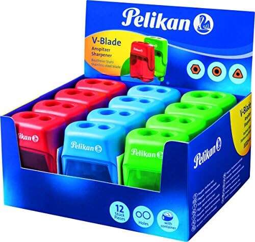 Pelikan V-Blade Sacapuntas Doble Orificio + Deposito - Colores Azul, Rojo y Verde · Pack de 12 uds.