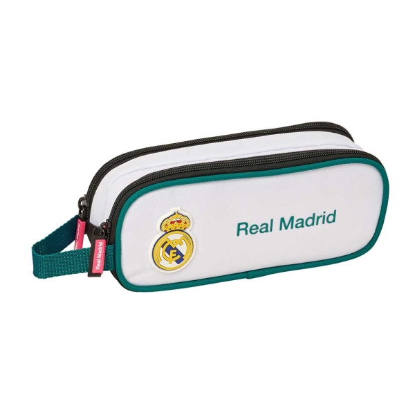 Safta Real Madrid Equipacion 26/27 Portatodo - 2 Compartimentos con Cremallera - Asa Lateral - Capacidad 1L - 21x8x6cm - Color Blanco y Negro