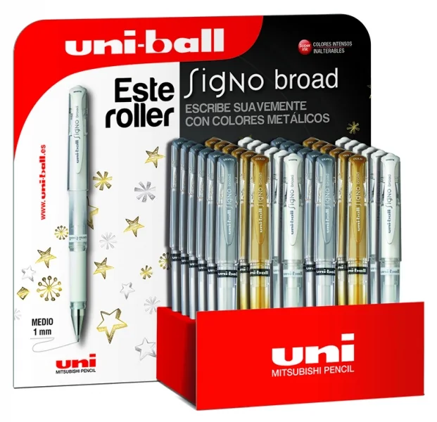 Uni-ball Signo Broad Expositor de 36 Boligrafos de Tinta Gel - Punta de Bola 1mm - Trazo Estilografico - Sujecion de Caucho - Colores Surtidos