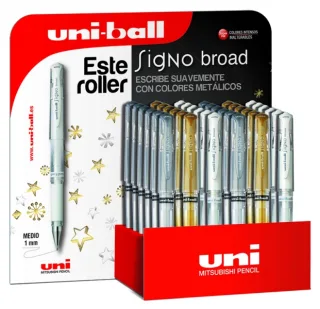 Uni-ball Signo Broad Expositor de 36 Boligrafos de Tinta Gel - Punta de Bola 1mm - Trazo Estilografico - Sujecion de Caucho - Colores Surtidos