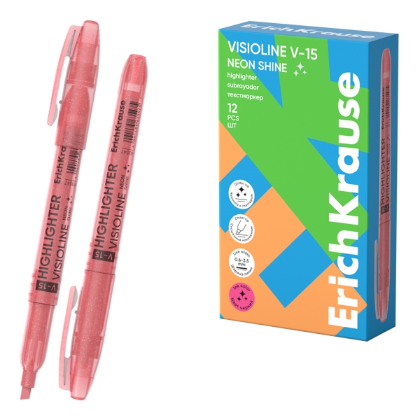 ErichKrause Visioline V-15 Neon Shine Marcador Fluorescente - Punta Biselada - Trazo de 0.6 a 3.5mm - Color Rosa · Pack de 12 uds.