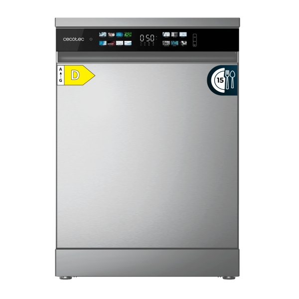 Cecotec Bolero Aguazero 6210 Inox D Lavavajillas de 60cm - 15 Cubiertos - Temperatura Regulable - Seguro Infantil - Pantalla XXL - 8 Programas - Inicio Programable - Funcion Media Carga - Color Acero