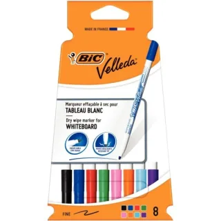 Bic Velleda 1721 Pack con 8 Rotuladores para Pizarra - Punta Fina - Trazo de 1.5mm - Borrado Optimo - Colores Surtidos