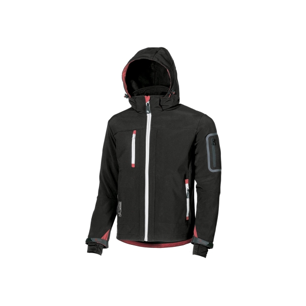 Upower Metropolis Soft Shell de Trabajo - Talla 2XL - Tejido Elastico Cortavientos Transpirable, Resistente al Agua, Capucha Desmontable, Multiples Bolsillos, Proteccion DPI1 - Color Negro C