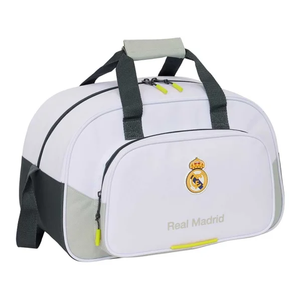 Safta Real Madrid Bolsa Deporte - Bandolera de 22L Ajustable - Tacos en la Base - Fondo Semirigido - 40x24x23cm - Color Blanco y Negro