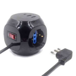 Ewent Regleta con 6 Tomas de Sobremesa en Forma de Cubo - 3 Tomas L/F (Schuko) - 2x USB-A - 1x USB-C - Enchufe Italiano Plano en Angulo - Interruptor On/Off - Cable de 1.5m - Color Negro