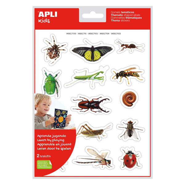 Apli Bolsa de Gomets Tematicos Realistas Insectos - 28 Gomets Tematicos por Bolsa - Imagenes Realistas de Insectos - Adhesivo Removible - Cumple Normas EN-71 y FSC - Libre de Disolventes - C