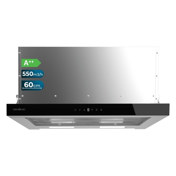 Cecotec Bolero Flux TLT 605500 Glass Black A++ Campana Extractora Telescopica de 60cm - 70W - Succion 550m3/h - Luz LED - Pantalla LED - Incluye Accesorios - Filtros de Carbono Incluidos - C
