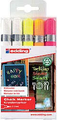 Edding 4095 Pack de 5 Rotuladores de Tiza Liquida - Punta Redonda - Trazo 2-3mm - Olor Neutro - Colores Blanco x2, Amarillo, Naranja y Rosa
