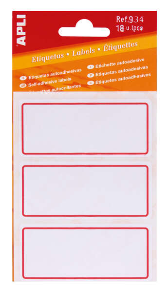 Apli Etiquetas Adhesivas Escolares Basicas - Tamaño 78x34mm - Ribete Rojo - 6 Hojas (18 Etiquetas) - Adhesivo Permanente de Alta Calidad - Escritura Ordenada - Color Blanco · Pack de 10 uds.