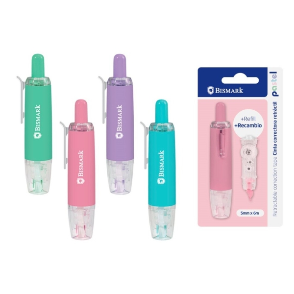 Bismark Pastel Cinta Correctora Retractril 5mmx6m + Recambio - Perfecta Adherencia al Papel - Presentacion en Blister - Cuerpo de Colores Pastel Surtidos · Pack de 12 uds.