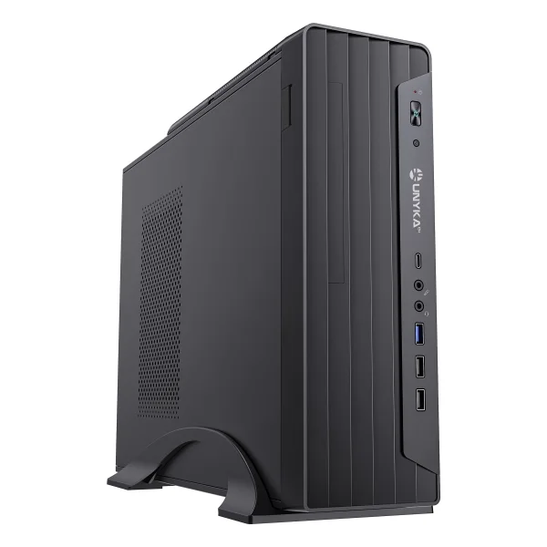 Unykach UK2012 Slim Caja Torre MicroATX + Fuente de Alimentacion SFX 300W 80+ Bronze - Tamaño Disco Soportado 3.5", 2.5" - USB-A 3.0 / 2.0, USB-C y Audio - Color Negro