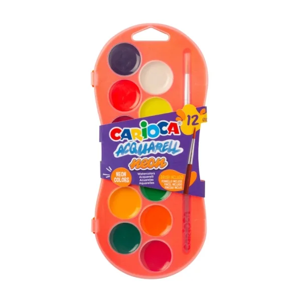 Carioca Acuarell Neon Pack de 12 Acuarelas en Pastillas de Ø 30mm - Brillantes - Facilmente Mezclables - Colores Neon Surtidos