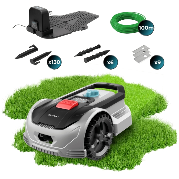 Cecotec Conga GrassHopper 300 Robot Cortacesped Inteligente - Cobertura hasta 300m2 - Adaptacion Automatica a Irregularidades - Altura Regulable - Sensor de Lluvia - Color Negro y Gris