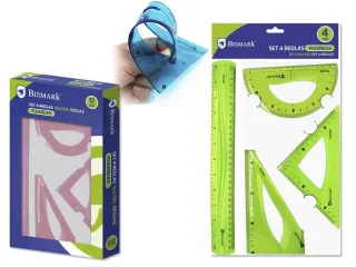 Bismark Pack de 4 Reglas Flexibles - Regla Recta - Transportador - Escuadra - Cartabon - Colores Surtidos