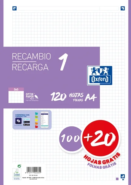 Oxford School Recambio A4 120 Hojas Cuadricula 5x5mm - 4 Taladros - Banda de Color Lila