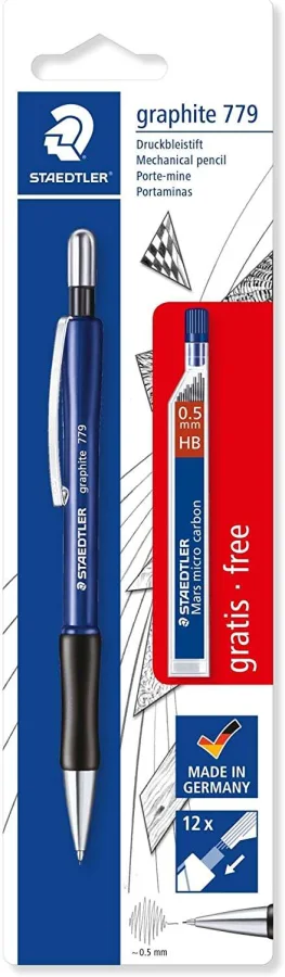 Staedtler Pack de 1 Portaminas 779 de 0.5mm + 1 Tubo de 12 Minas - Zona de Agarre Ergonomica - Resistente a Roturas