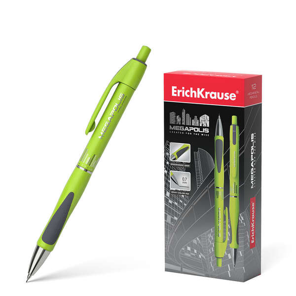 Erichkrause Megapolis Concept Portaminas 0.7mm HB - Cuerpo Redondo con Clip - Zona de Agarre Ergonomica - Para Minas de 0.7mm - Color Verde Neon/Gris · Pack de 12 uds.