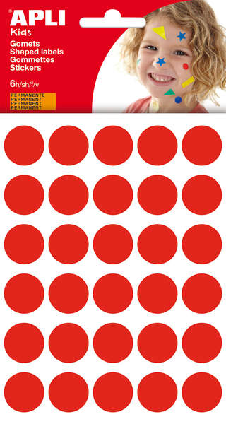 Apli Bolsa de 180 Gomets Redondos Ø 20mm - Adhesivo Permanente - Desarrollo de Habilidades y Creatividad - Ideal para Escuelas Infantiles - Color Rojo · Pack de 10 uds.