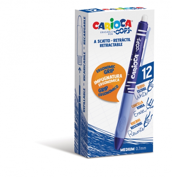 Carioca Oops Boligrafo Borrable Retractil - Tinta Termo Sensible - Empuñadura Ergonomica Triangular - Punta de Ø 0.7mm - Recambios Compatibles - Color Azul · Pack de 12 uds.
