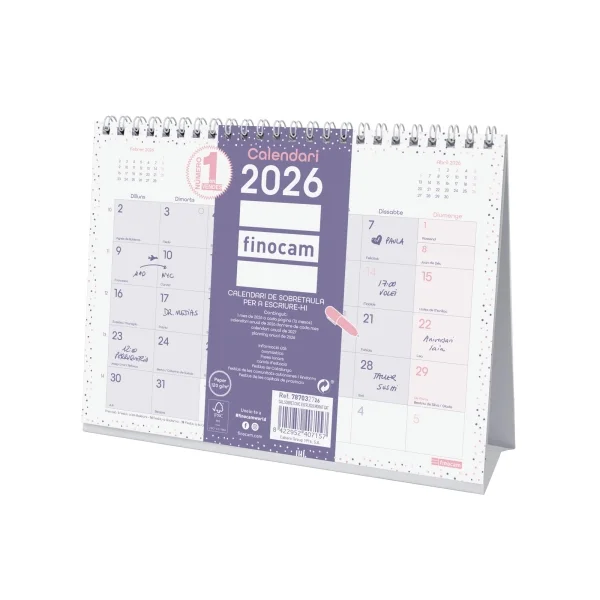 Finocam Chic Calendario de Sobremesa en Catalan - Anual 2026 - 210x70x155mm - Espacio para Escribir - Color Morado