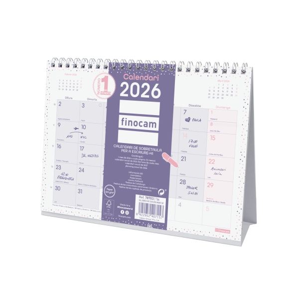 Finocam Chic Calendario de Sobremesa en Catalan - Anual 2026 - 210x70x155mm - Espacio para Escribir - Color Morado