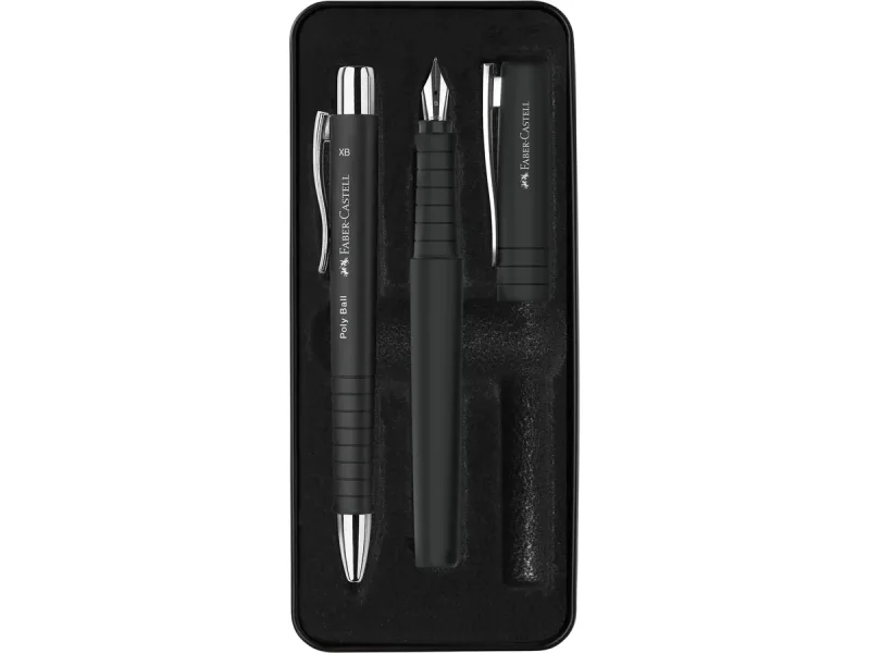 Faber-Castell Poly Pack de Boligrafo Poly Ball y Pluma Estilografica Poly Pen con Plumin B - Clip de Metal - Color Negro