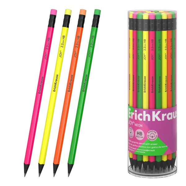 ErichKrause JOY Neon Lapiz de Grafito con Goma de Borrar - Mina HB - Cuerpo Redondo - Plastico - Agarre Ergonomico - Colores Surtidos · Pack de 42 uds.