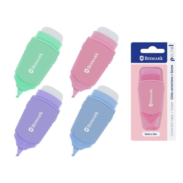 Bismark Pastel Cinta Correctora 5mmx6m con Goma de Borrar - Perfecta Adherencia al Papel - Presentacion en Blister - Cuerpo de Colores Pastel Surtidos · Pack de 24 uds.