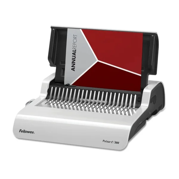 Fellowes Pulsar E 300 Encuadernadora Electrica - Perfora hasta 20 Hojas - Encuaderna hasta 300 Hojas A4 - Carga Vertical - Margen Ajustable - Incluye Kit de Inicio - 13x39x49cm - Transparente