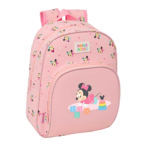 Safta Minnie Mouse Baby Mochila Infantil - Portabotellas - Bolsillo Frontal - Asa de Mano - Adaptable a Carro - Hombreras Acolchadas - 28x34x10cm - Color Rosa Pastel
