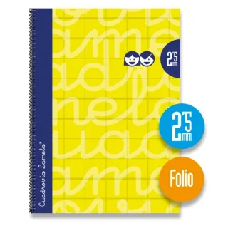 Lamela Cuaderno Espiral con 80 Hojas de 90g/m2 con Margen - Formato Folio - Pauta Cuadrovia de 2.5mm - Cubierta Extra Dura - Papel Offset Blanco Extra - Color Amarillo