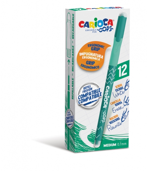Carioca Oops Boligrafo Borrable - Tinta Termo Sensible - Empuñadura Ergonomica Triangular - Punta de Ø 0.7mm - Doble Goma - Recambios Compatibles - Color Verde · Pack de 12 uds.