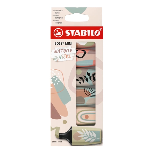 Stabilo Boss Mini Naturevibes Pack de 6 Marcadores Fluorescentes - Trazo entre 2 y 5mm - Tinta con Base de Agua - Antisecado - Colores Verde Barro, Verde Tierra, Ocre, Siena, Beige y Gris Ca