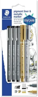 Staedtler Pigment Liner 308 Pack de 5 Rotuladores Calibrados - Tinta Resistente a la Luz y Agua - Para Escribrir, Esborzar y Dibujar - Colores Surtidos