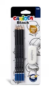 Carioca Blister de 4 Lapices de Grafito Black HB + Goma - Faciles de Borrar y Sacar Punta - Cuerpo Triangular Agradable al Tacto - Mina Resistente a Caidas - Color Negro