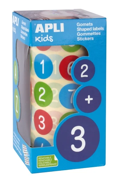 Apli Rollo de 900 Gomets Redondos con Numeros Ø 20 mm - Adhesivo Removible Base Agua - Fomenta Aprendizaje - Libre de Disolventes - Colores Surtidos