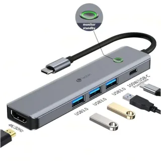 Leotec Adaptador 5 en 1 USB-C a 1xHDMI, 3xUSB-A 3.0, 1xPD 100W+USB-C - Color Gris