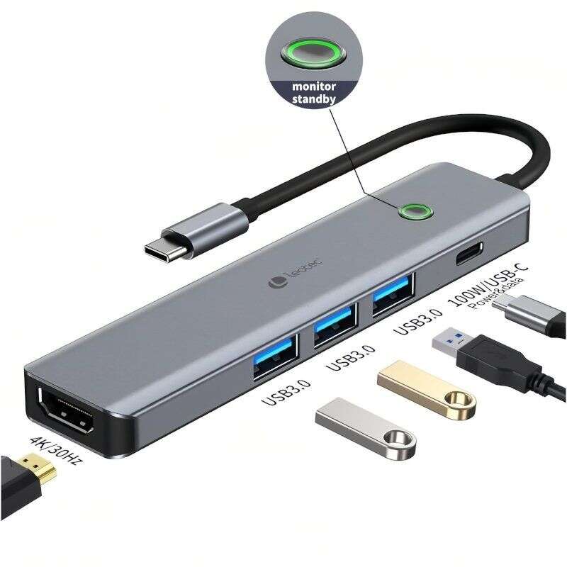 Leotec Adaptador 5 en 1 USB-C a 1xHDMI, 3xUSB-A 3.0, 1xPD 100W+USB-C - Color Gris
