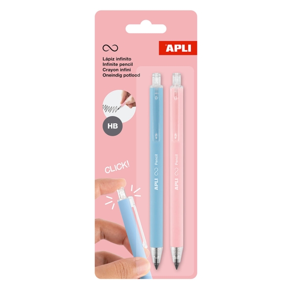 Apli Infinite Pencil Pack con 2 Lapices Infinitos Retractiles HB - Colores Rosa y Azul