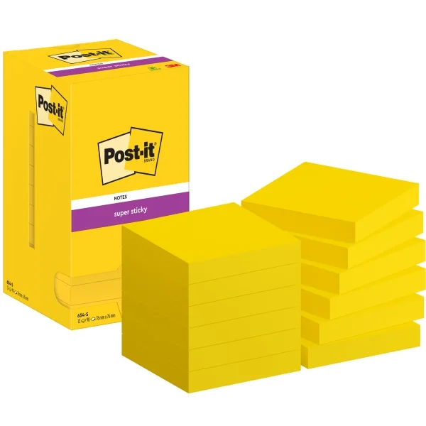 Post-It Super Sticky Pack de 12 Blocs de 90 Notas Adhesivas Reposicionables - Forma Cuadrada - 76x76mm - Color Amarillo
