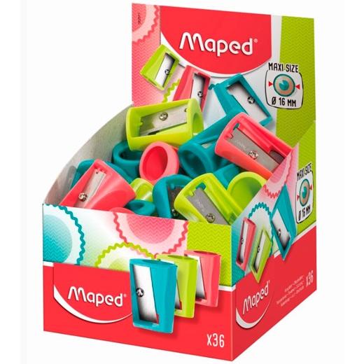 Maped Vivo Maxi Sacapuntas de Plastico con 1 Orificio de 16mm - Cuchilla de Acero Afilada y Resistente - Colores Surtidos · Pack de 36 uds.