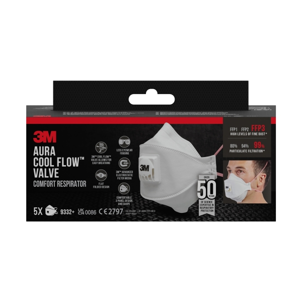 3M Aura Comfort Cool Flow Pack de 5 Mascarillas para Particulas FFP3 - Desechable - con Valvula - para Altos Niveles de Particulas - Color Blanco