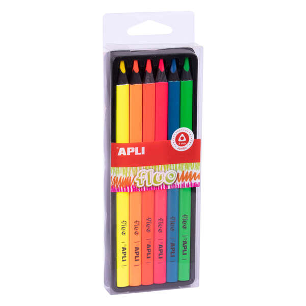 Apli Lapices Jumbo Fluo Pack con 6 Lapices de Colores Jumbo - 5mm de Grosor - Forma Triangular para Mejor Sujecion y Cobertura - Colores Fluo Surtidos